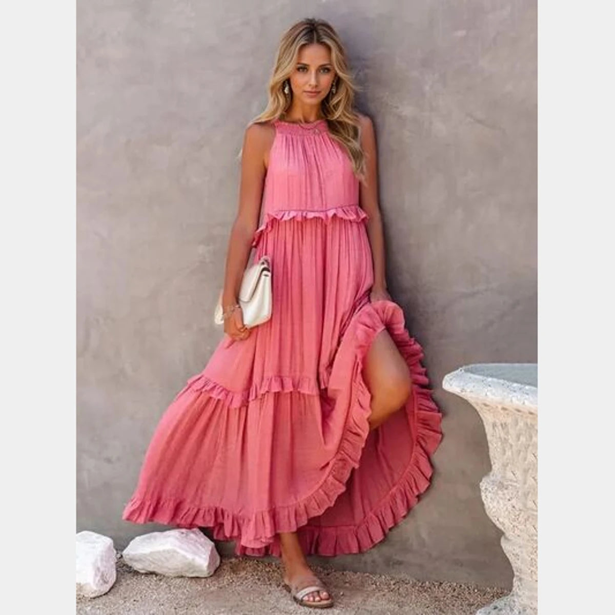 Ruffled Sleeveless Layered Maxi Dress with Pockets